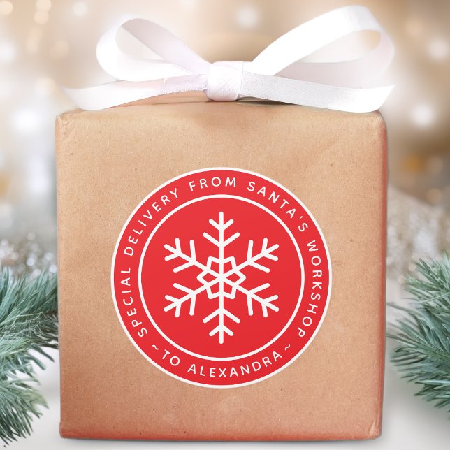 Red Special Delivery from Santa to Name Snowflake Classic Round Sticker (Creator Uploaded)
