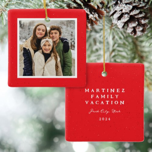 Red speckle frame simple Christmas photo Ceramic Ornament