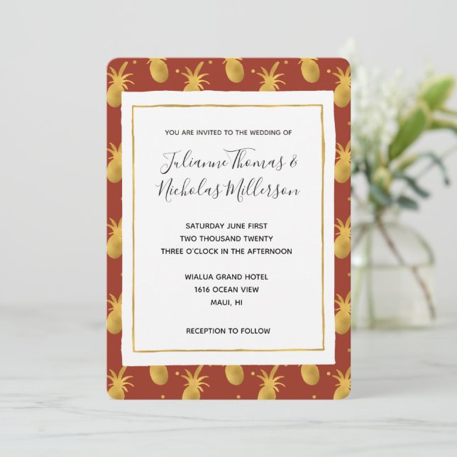 Red Spice Gold Pineapples Wedding  Invitation (Standing Front)
