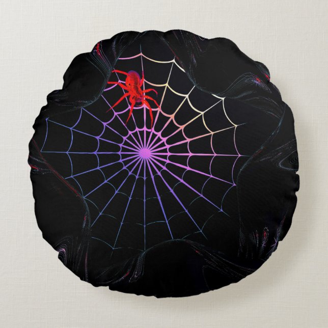 Red Spider In A Glowing Web Round Pillow (Front)