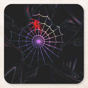Red Spider In A Glowing Web Square Paper Coaster