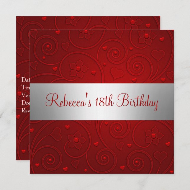 Red Spiral Hearts Silver 18th Birthday Party Invitation (Front/Back)