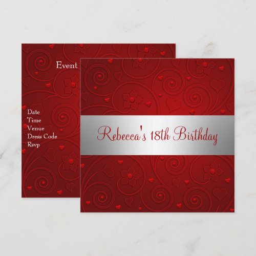 Red Spiral Hearts Silver 18th Birthday Party Announcements