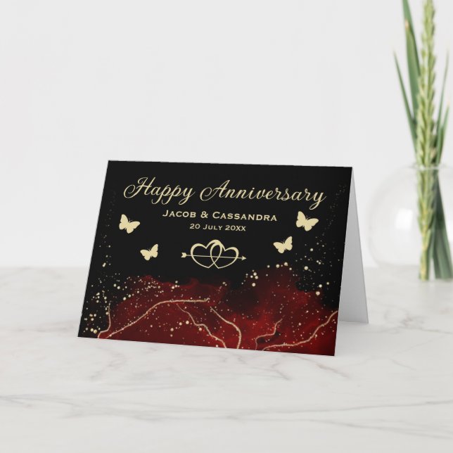 Red Splash Gold Glitter Butterflies Anniversary Card (Front)