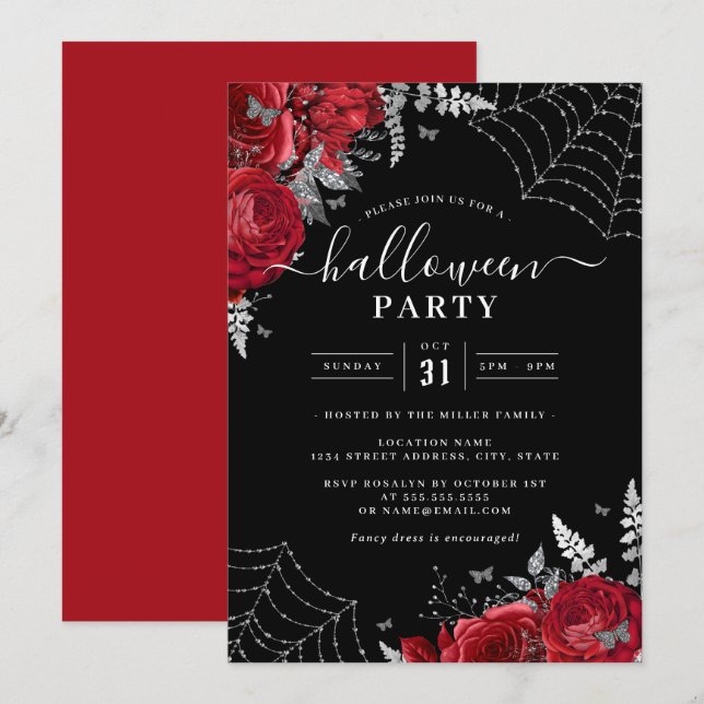 Red Spooky Floral Cobwebs Halloween Party  Invitation (Front/Back)