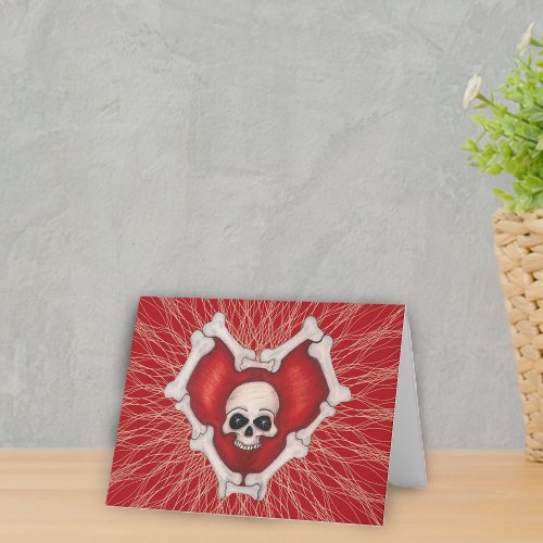 Red Spooky Heart Bone Outline Skull Spider Web Card