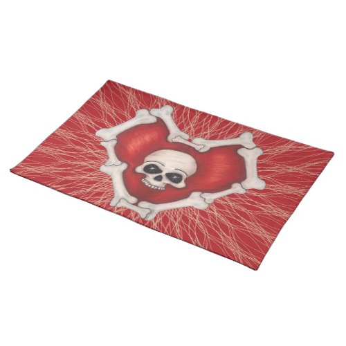 Red Spooky Heart Bordered in Bones Skull on Spiral Cloth Placemat