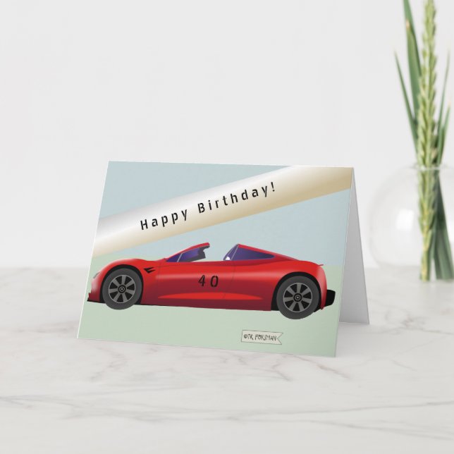 Red Sports car convertible drawing + age # on car Card (Front)