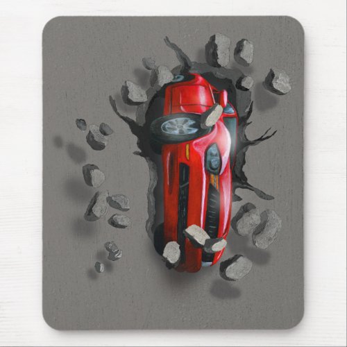 Red Sports Car Crashing through a Wall Mouse Pad