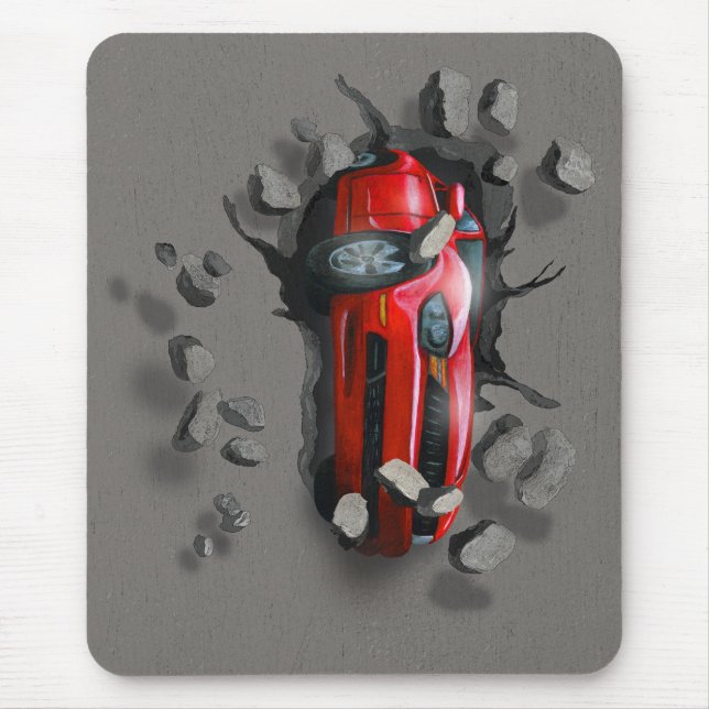 Red Sports Car Crashing through a Wall Mouse Pad (Front)