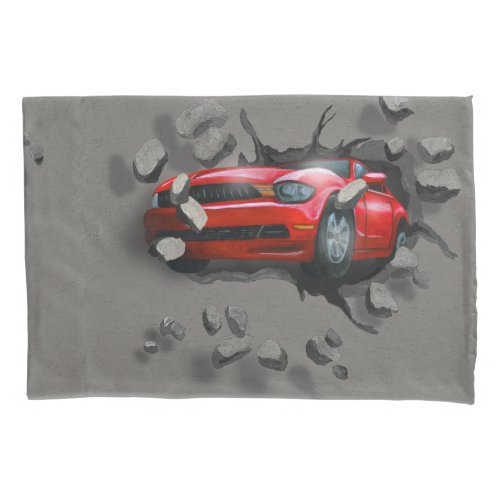 Red Sports Car Crashing Through Wall Pillow Case