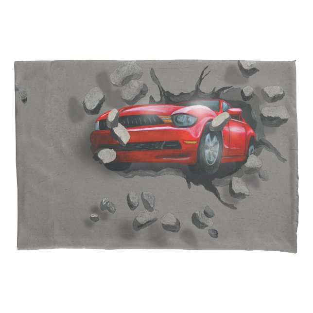 Red Sports Car Crashing Through Wall Pillow Case (Front)