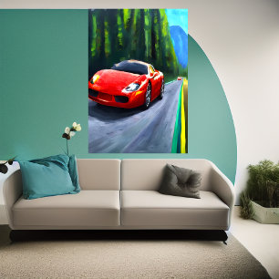 Red sports car on the road AI Art Poster