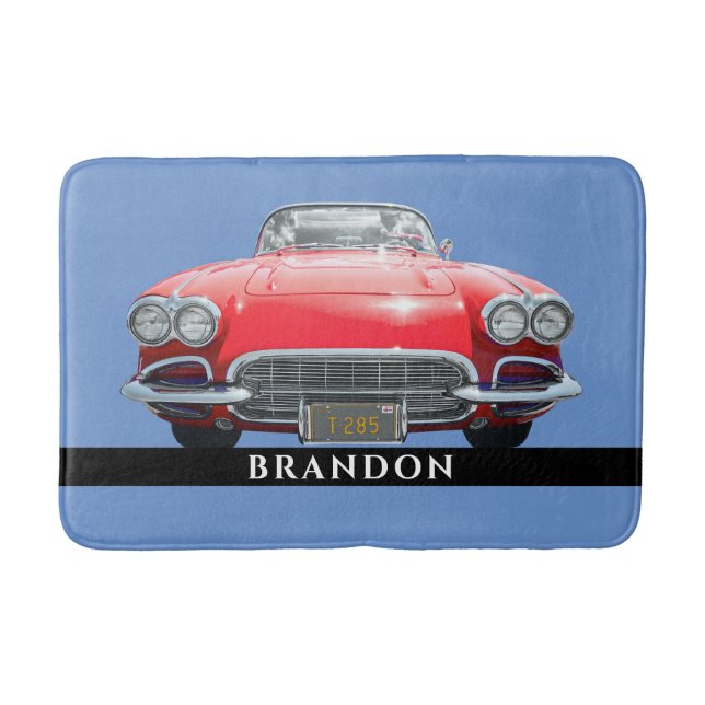 Red Sport's Car, Personalize Name Bath Mat (Front)