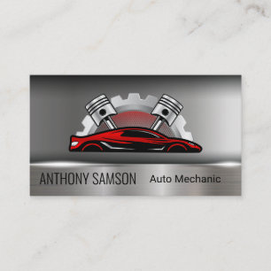 Red Sports Car   Pistons Gear   Mechanic Business Card