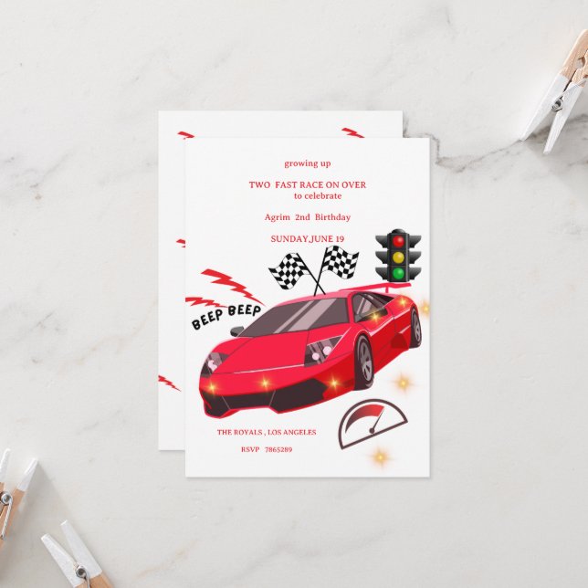 Red Sports Car Racing Theme Party Invite (Front/Back In Situ)