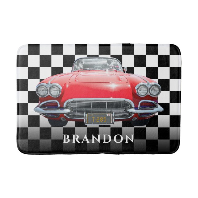 Red Sport's Car, White Name, B/W Checkered Bath Mat (Front)