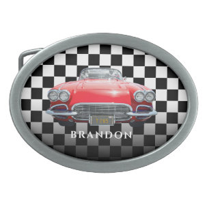 Red Sport's Car, White Name, B/W Checkered Belt Buckle