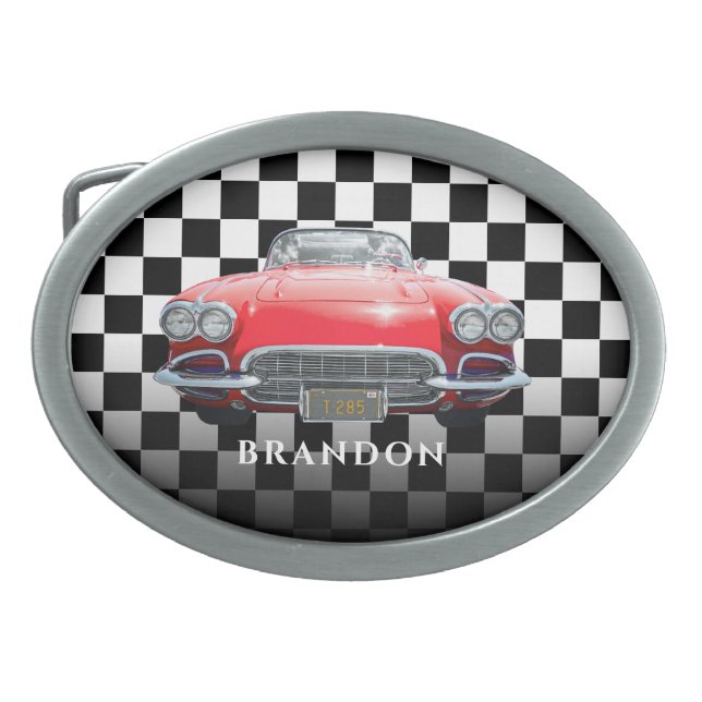 Red Sport's Car, White Name, B/W Checkered Belt Buckle (Front)