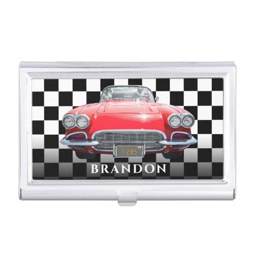 Red Sports Car White Name BW Checkered Business Card Case