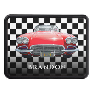Red Sport's Car, White Name, B/W Checkered Hitch Cover