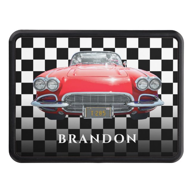Red Sport's Car, White Name, B/W Checkered Hitch Cover (Front)