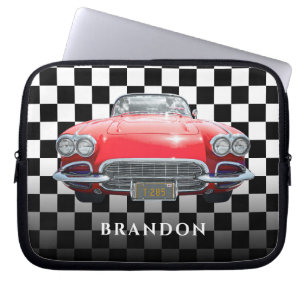 Red Sport's Car, White Name, B/W Checkered Laptop Sleeve