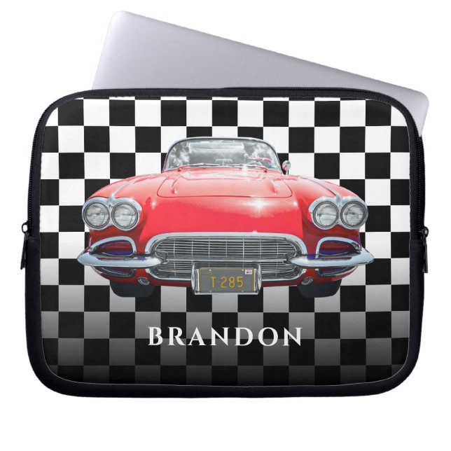 Red Sport's Car, White Name, B/W Checkered Laptop Sleeve (Front)