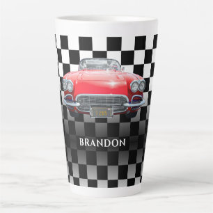 Red Sport's Car, White Name, B/W Checkered Latte Mug