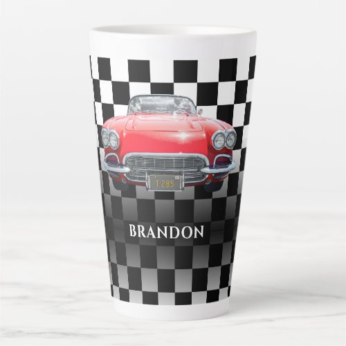Red Sports Car White Name BW Checkered Latte Mug
