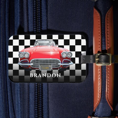 Red Sports Car White Name BW Checkered Luggage Tag