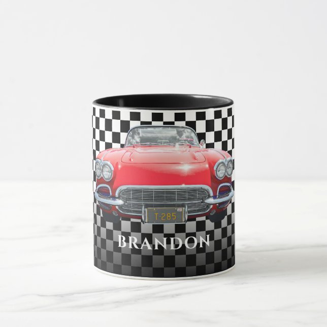 Red Sport's Car, White Name, B/W Checkered Mug (Center)