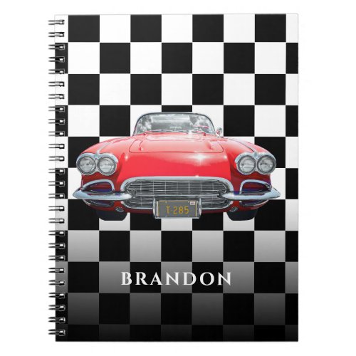 Red Sports Car White Name BW Checkered Notebook