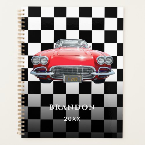 Red Sports Car White Name BW Checkered Planner