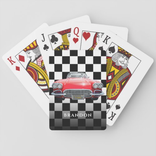 Red Sports Car White Name BW Checkered Playing Cards