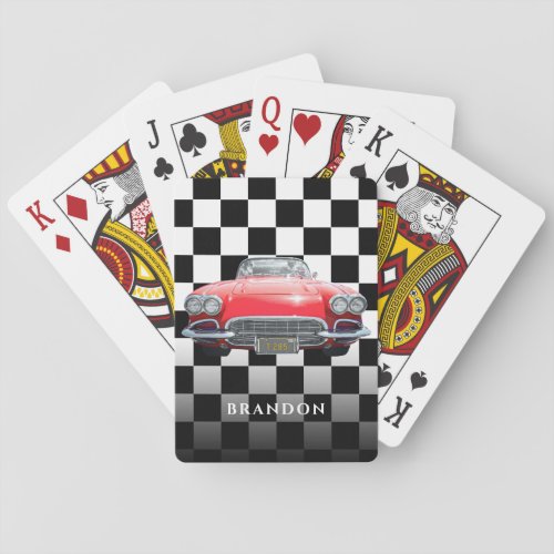 Red Sports Car White Name BW Checkered Poker Cards