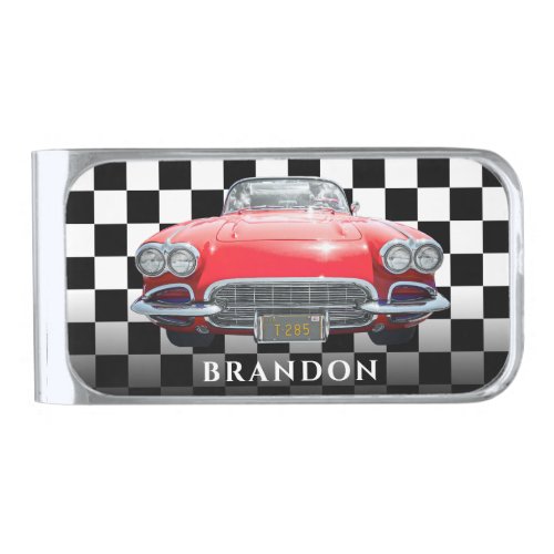 Red Sports Car White Name BW Checkered Silver Finish Money Clip