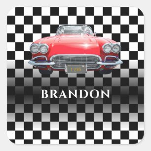 Red Sport's Car, White Name, B/W Checkered Square Sticker