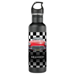 Red Sport's Car, White Name, B/W Checkered Stainless Steel Water Bottle