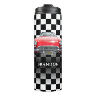 Red Sport's Car, White Name, B/W Checkered Thermal Tumbler