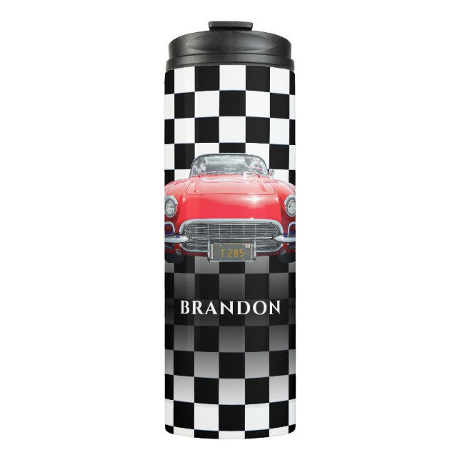 Red Sport's Car, White Name, B/W Checkered Thermal Tumbler (Front)