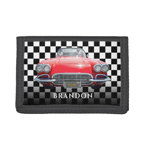 Red Sports Car White Name BW Checkered Trifold Wallet
