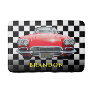 Red Sport's Car, Yellow Name, B/W Checkered Bath Mat