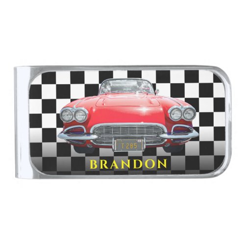 Red Sports Car Yellow Name BW Checkered Silver Finish Money Clip