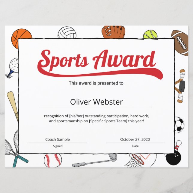 Red Sports Certificate Templates Award (Front)