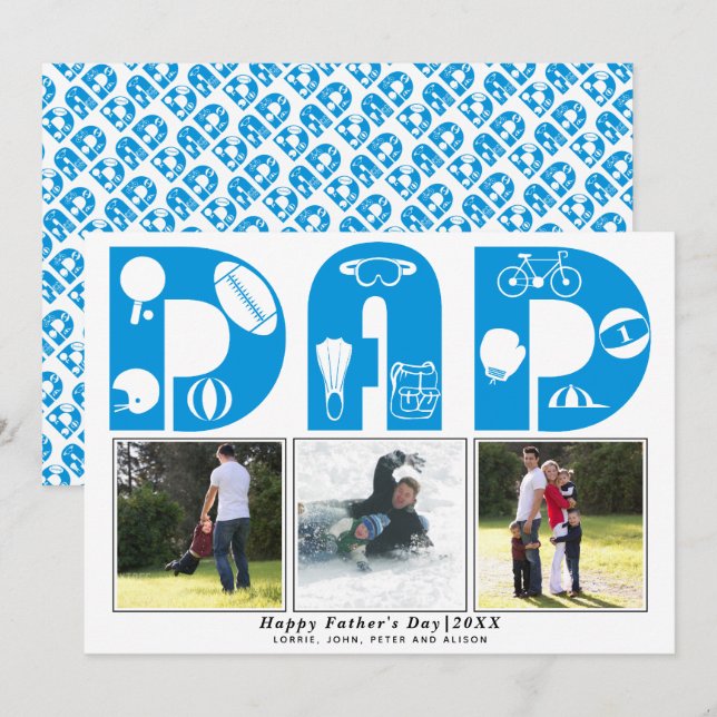 Red sports Dad Father's Day blue photo card (Front/Back)