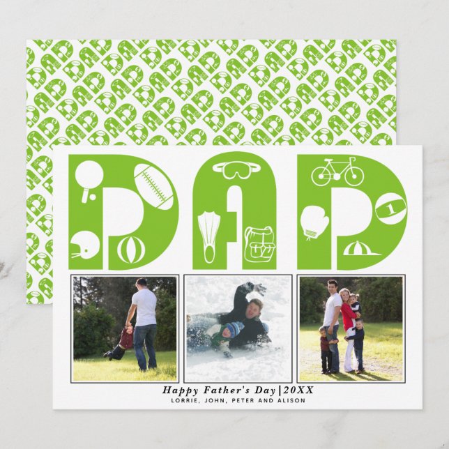 Red sports Dad Father's Day green photo card (Front/Back)