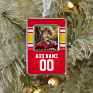Red Sports Jersey with Photo, Name and Number Christmas Ornament