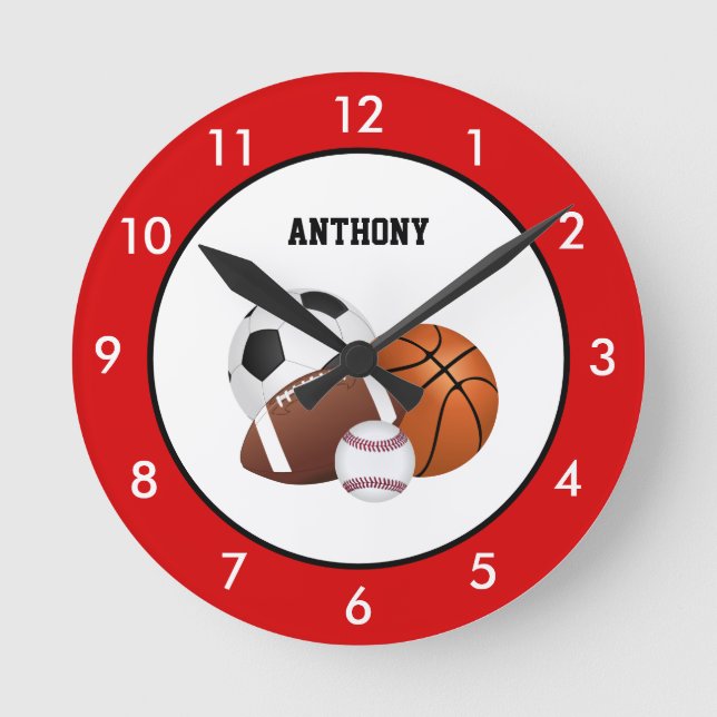 Red Sports Personalized Round Clock (Front)