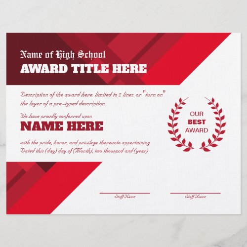 RED SPORTS Recognition Award Certificate Letterhead